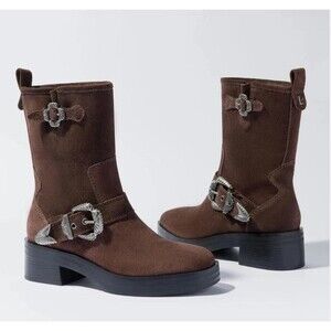 Larroude Womens Sz 9 Hardy Moto Boots Brown Suede Western